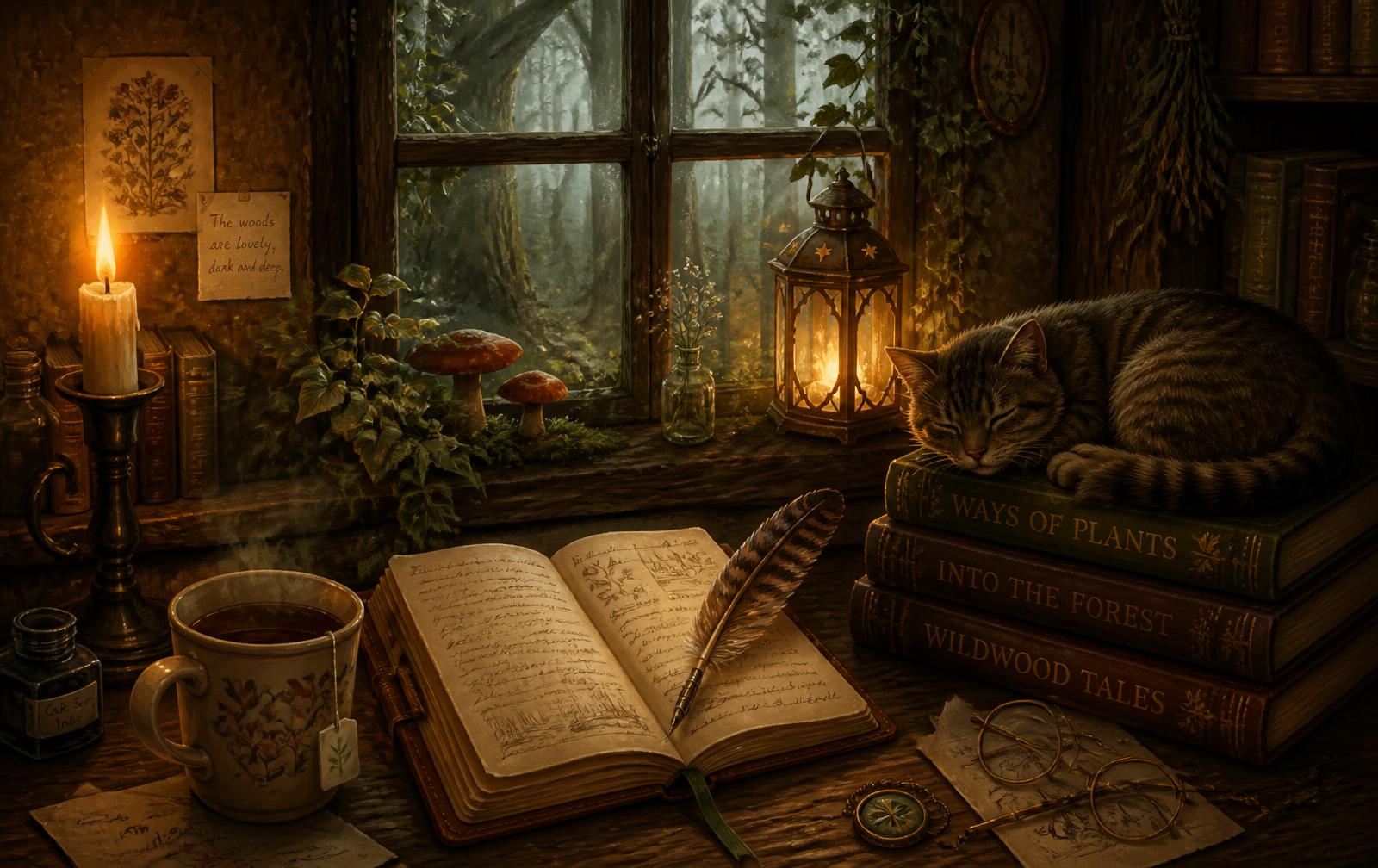 Cozy fantasy writing desk with an open manuscript, quill, tea and a sleeping cat beside stacked books
